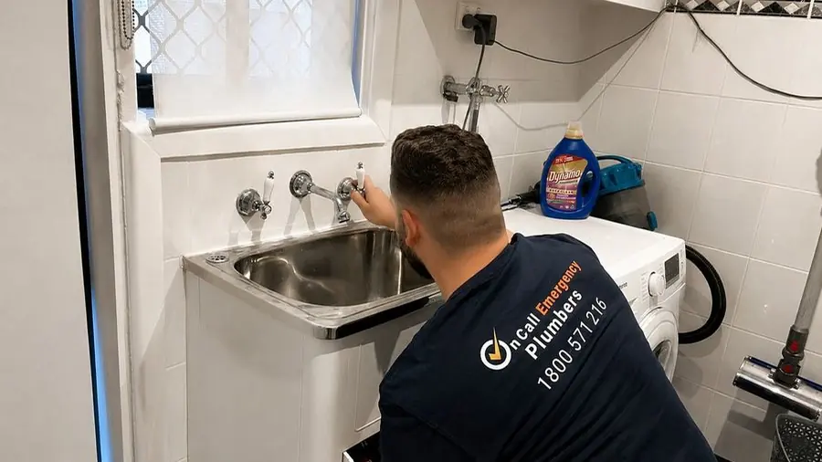Plumber working at a laundry sink, Malvern